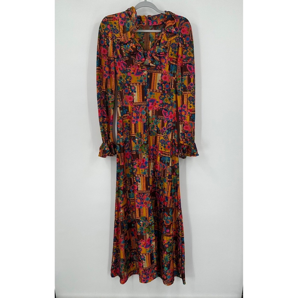 Vintage Womens 70s Psychedelic Floral Patchwork Maxi Dress Size XS Groovy Mod
